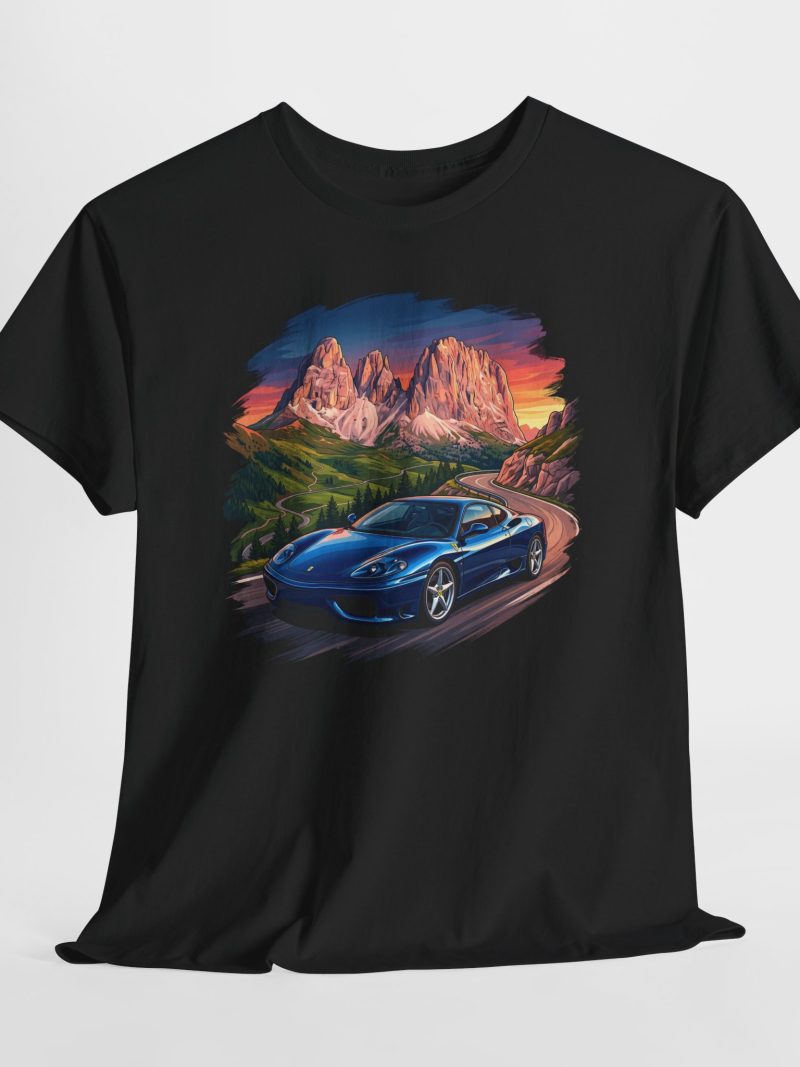 The Renaissance 360 Modena t-shirt - Blu Pozzi Ferrari 360 Modena in the Dolomites at sunset