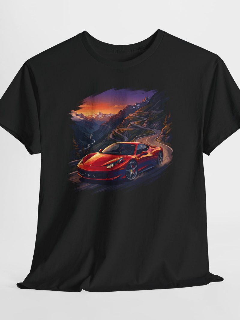 The Stallion F142 t-shirt - Rosso Corsa Ferrari 458 on Stelvio Pass at dusk