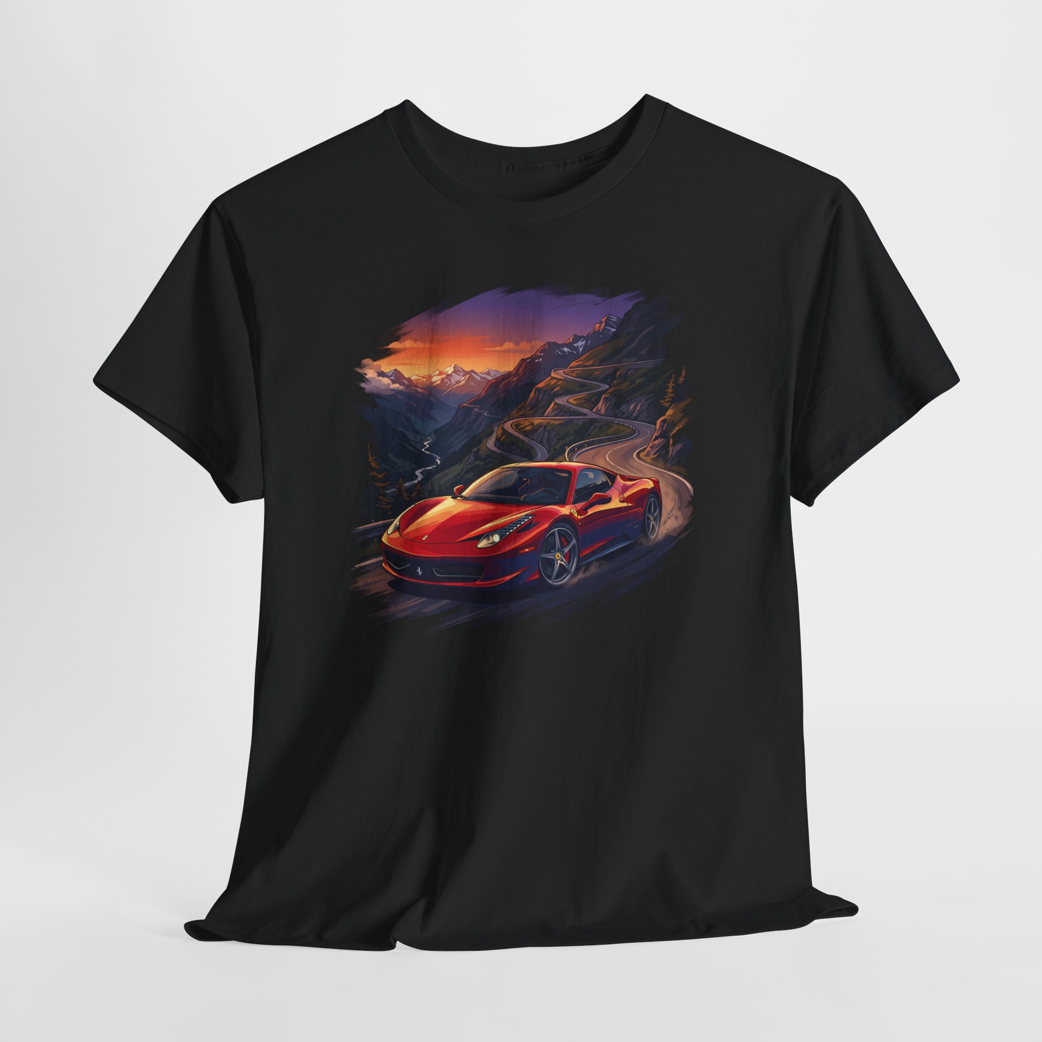 The Stallion F142 t-shirt - Rosso Corsa Ferrari 458 on Stelvio Pass at dusk