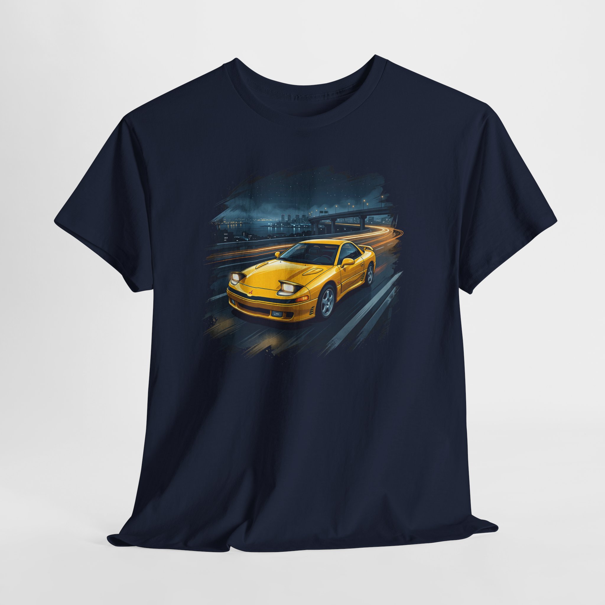 Z16A twin-turbo VR-4 in Sunburst Yellow on the Wangan expressway at midnight - Redline Gear JDM t-shirt design