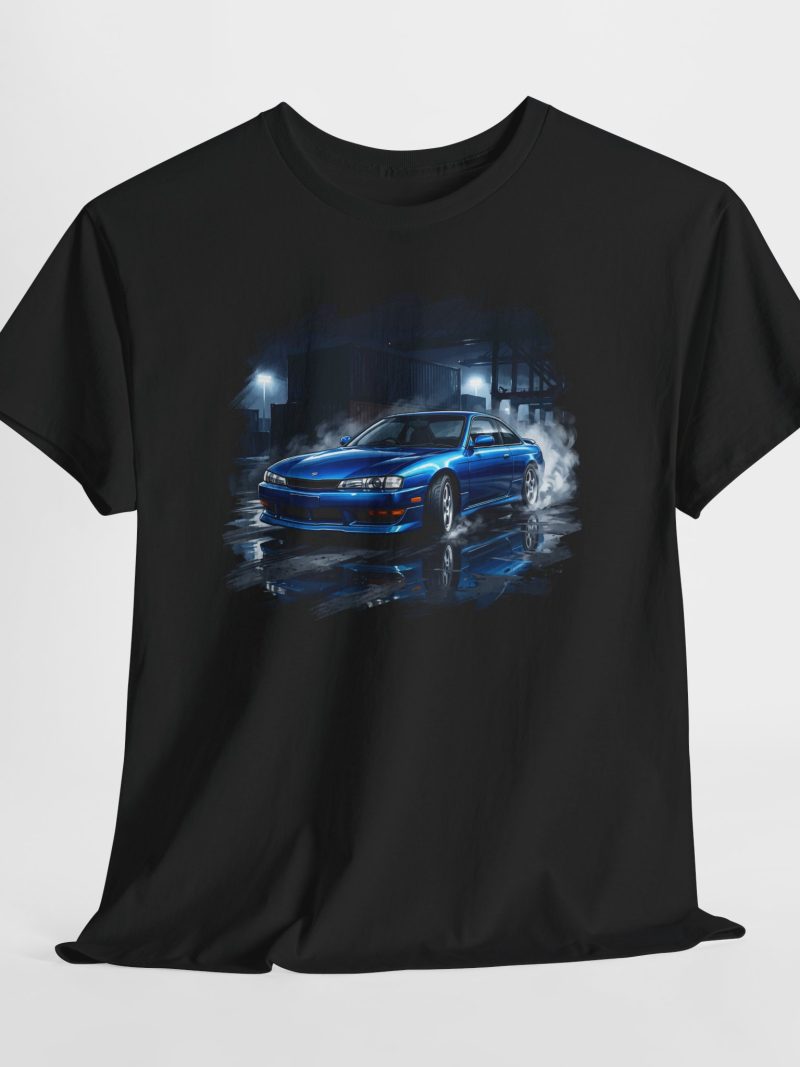 Nissan S14 Kouki in Starfire Blue Pearl drifting at industrial port at night - Redline Gear S14 JDM t-shirt design