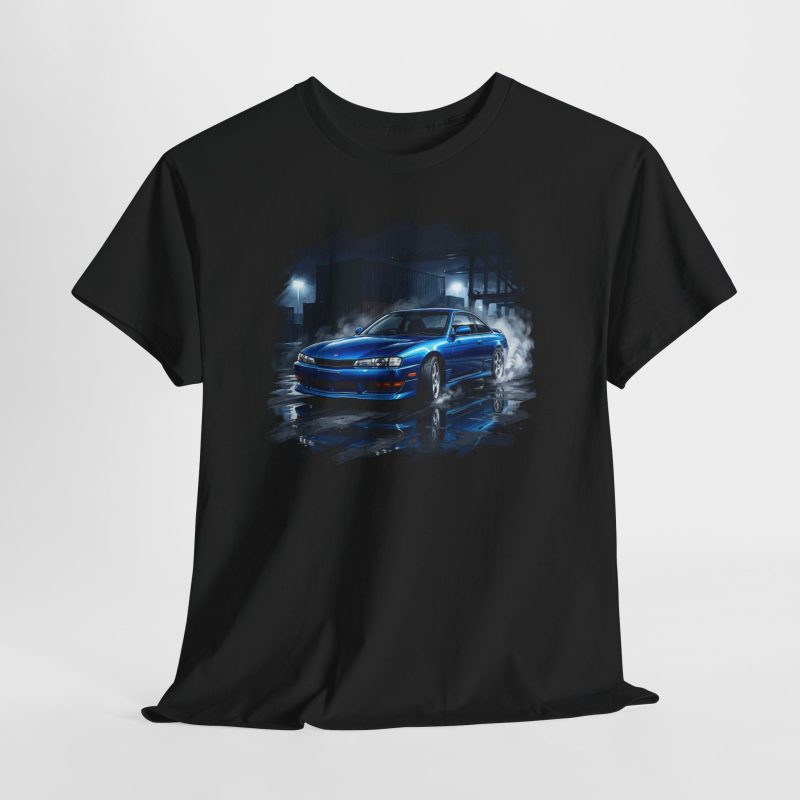 Nissan S14 Kouki in Starfire Blue Pearl drifting at industrial port at night - Redline Gear S14 JDM t-shirt design