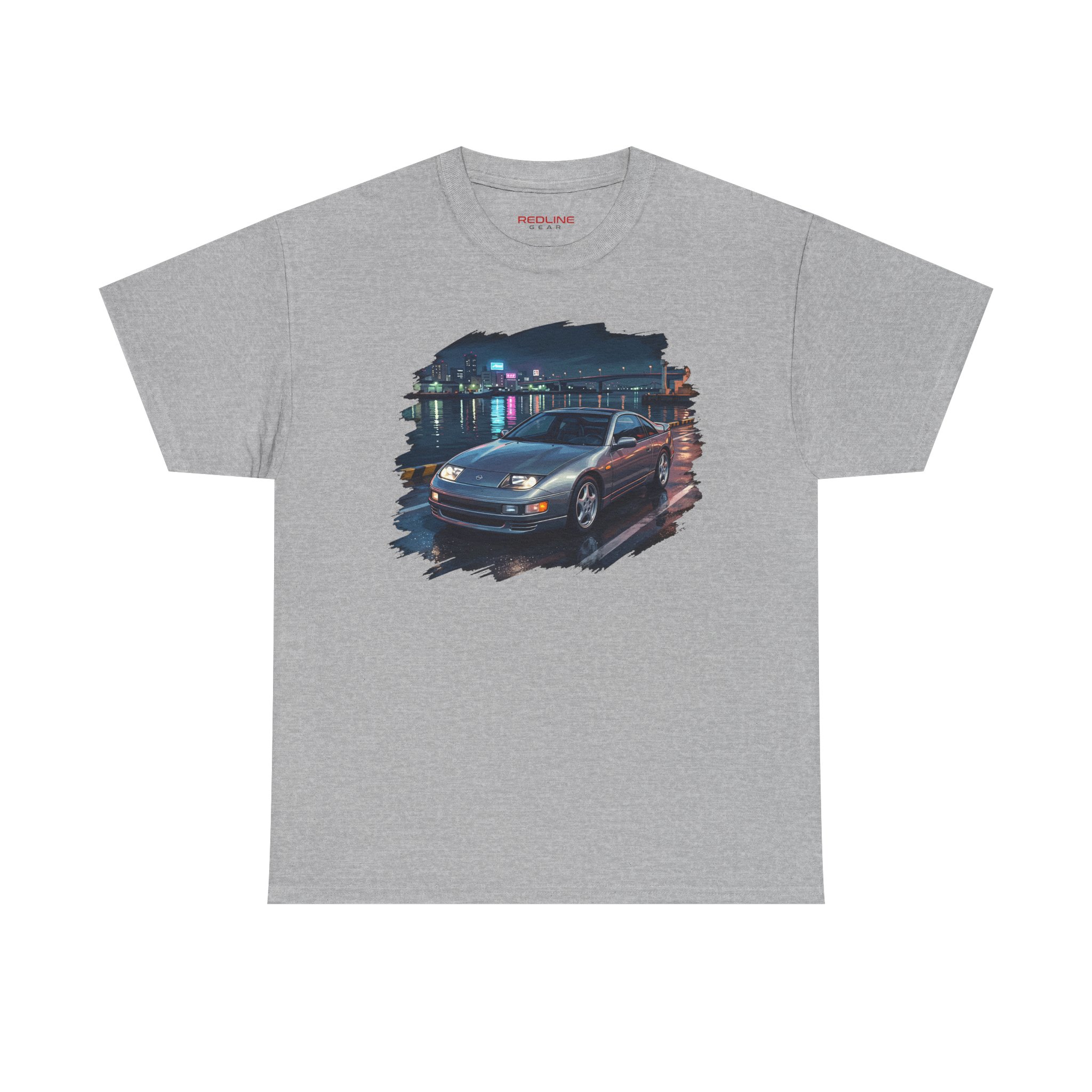 Nissan Z32 silhouette with Rainbow Bridge and Minato Mirai city lights reflecting on dark water - JDM heritage tee