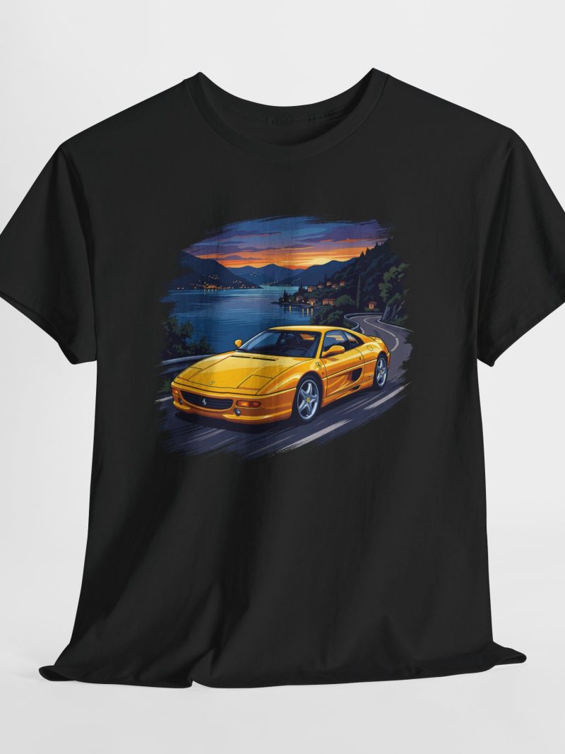 The Sonata F355 t-shirt - Giallo Fly Ferrari F355 on Lake Como lakeside road at dusk