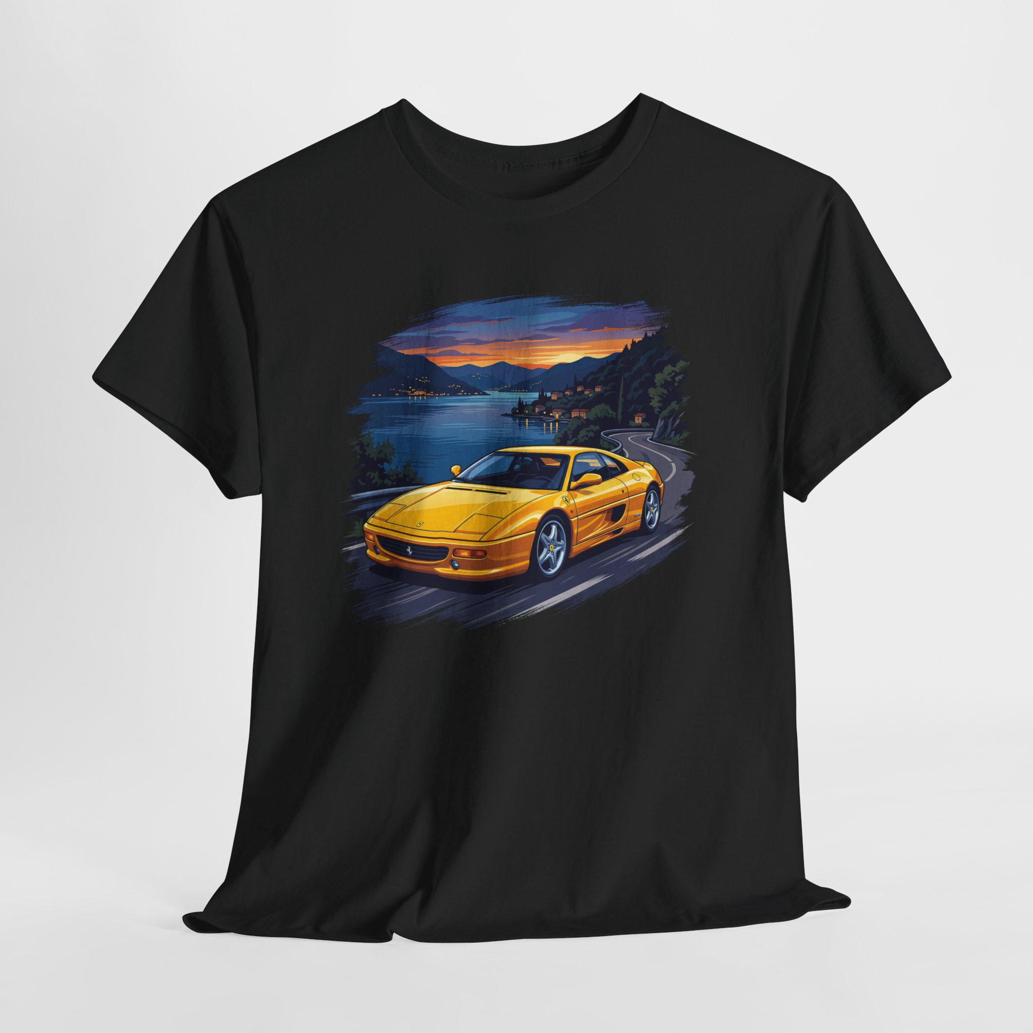 The Sonata F355 t-shirt - Giallo Fly Ferrari F355 on Lake Como lakeside road at dusk