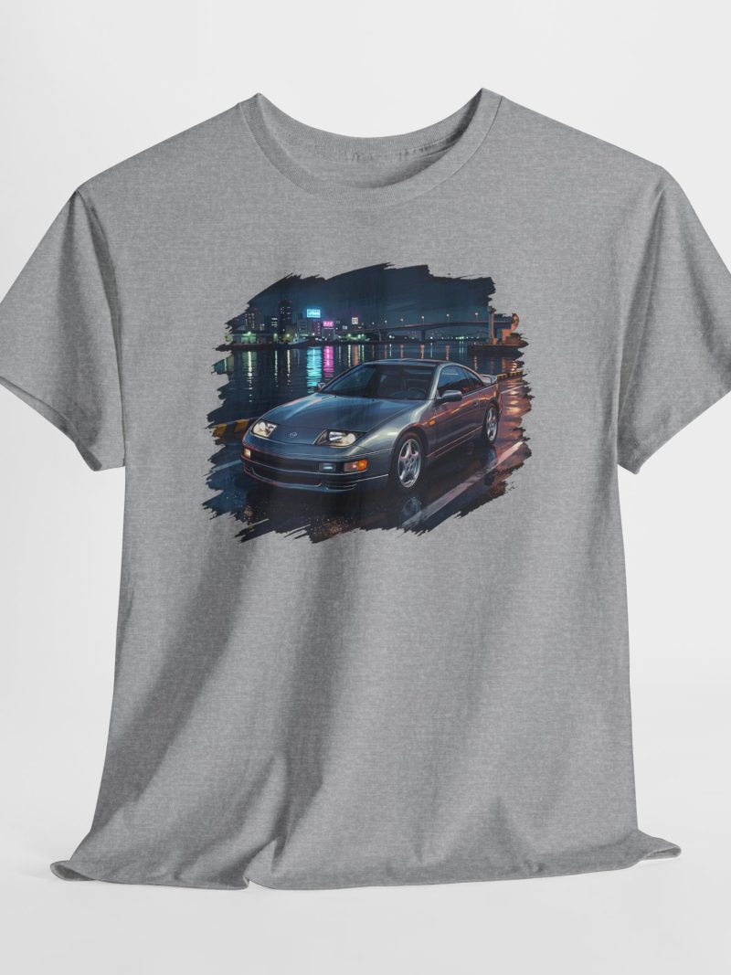 Z32 twin-turbo Fairlady Z in Quartz Gray at Yokohama harbor waterfront at night - Redline Gear JDM t-shirt design