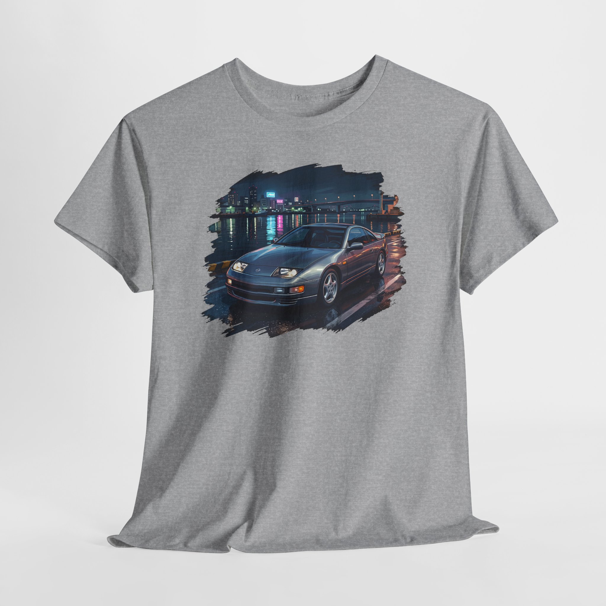 Z32 twin-turbo Fairlady Z in Quartz Gray at Yokohama harbor waterfront at night - Redline Gear JDM t-shirt design