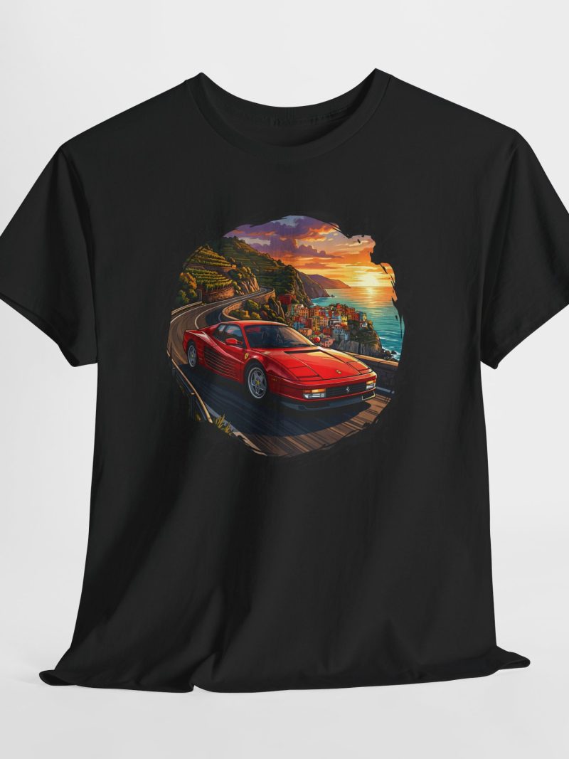 The Icon Testarossa t-shirt - Rosso Corsa Ferrari Testarossa on the Ligurian Coast at sunset
