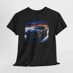 1988 Trans Am GTA gloss black t-shirt - Bonneville Salt Flats at dusk, gold aero wheels, T-top open