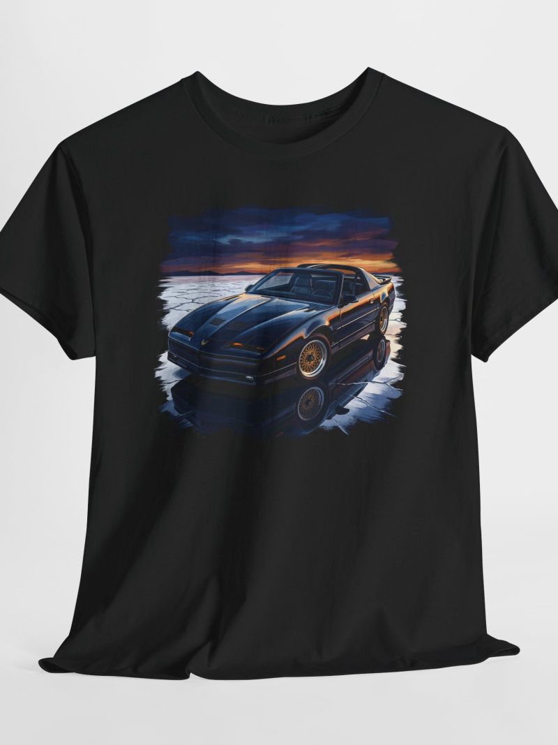 1988 Trans Am GTA gloss black t-shirt - Bonneville Salt Flats at dusk, gold aero wheels, T-top open