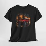 The Spark Mk2 GTI t-shirt - Mars Red on wet cobblestone street at night