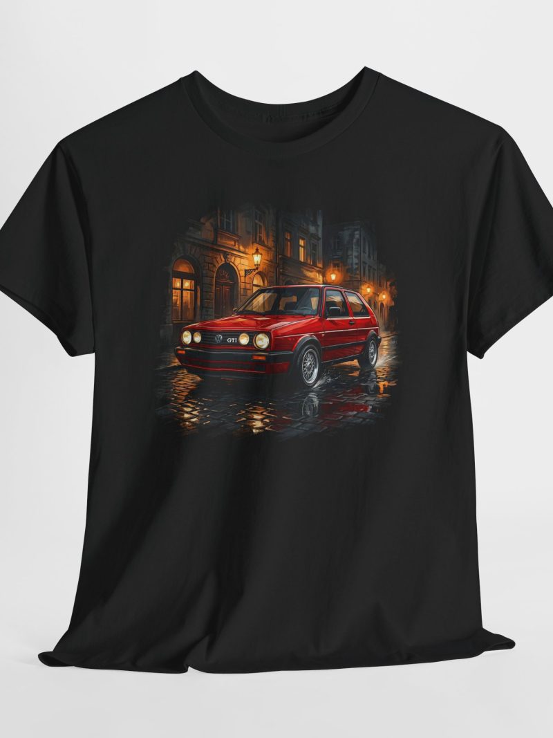 The Spark Mk2 GTI t-shirt - Mars Red on wet cobblestone street at night