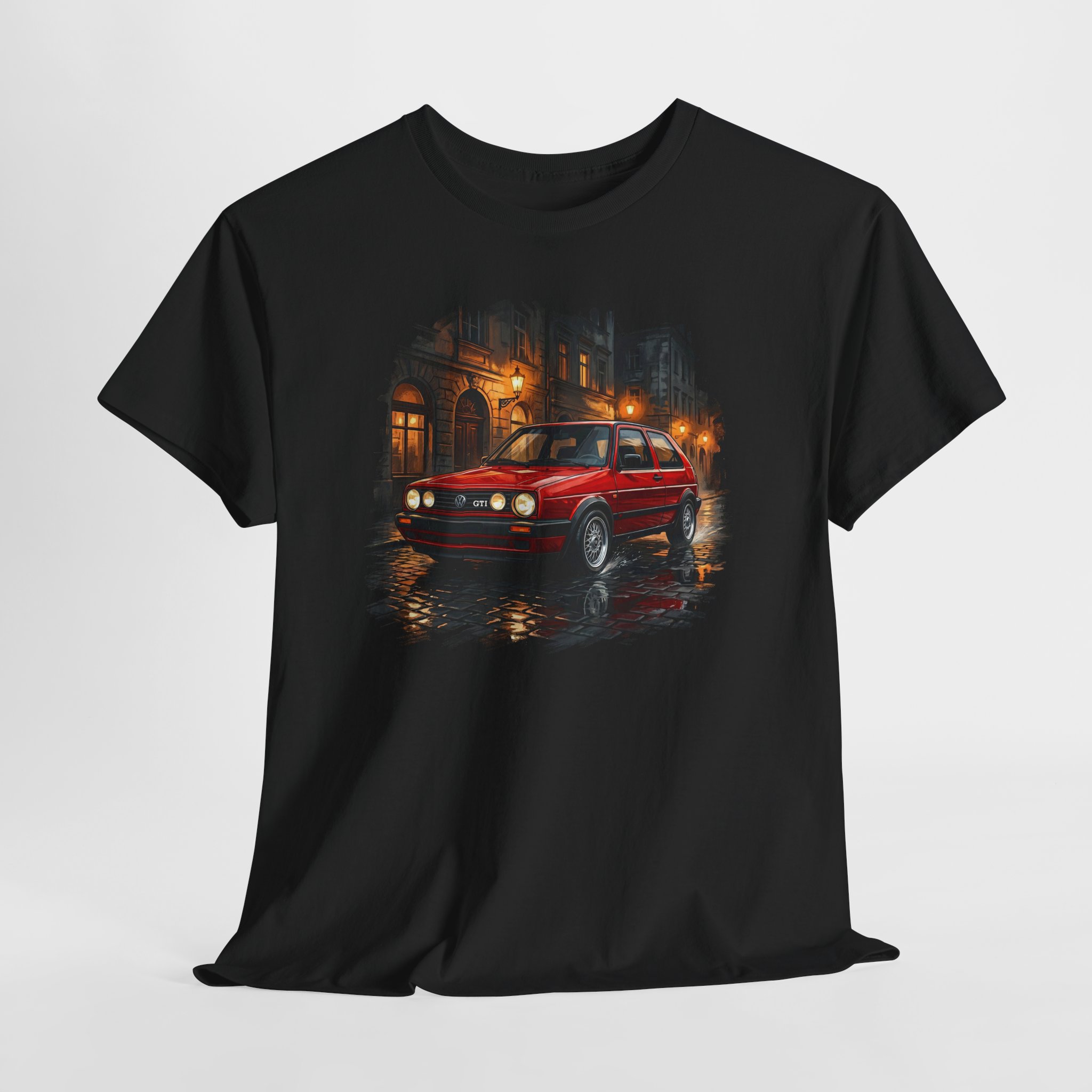 The Spark Mk2 GTI t-shirt - Mars Red on wet cobblestone street at night