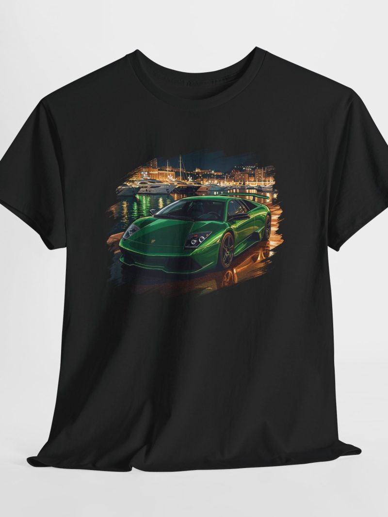 The Bat Murcielago t-shirt - Verde Ithaca LP640 at Monaco harbor at night