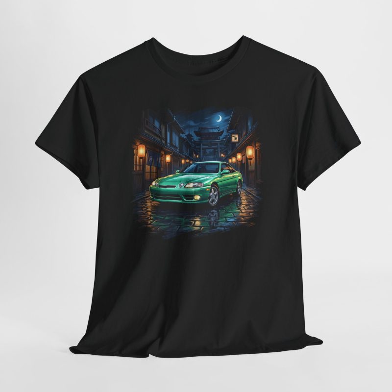 Toyota Soarer Z30 in Seafoam Green Pearl on a Kyoto night street with paper lanterns - Redline Gear Z30 JDM t-shirt design