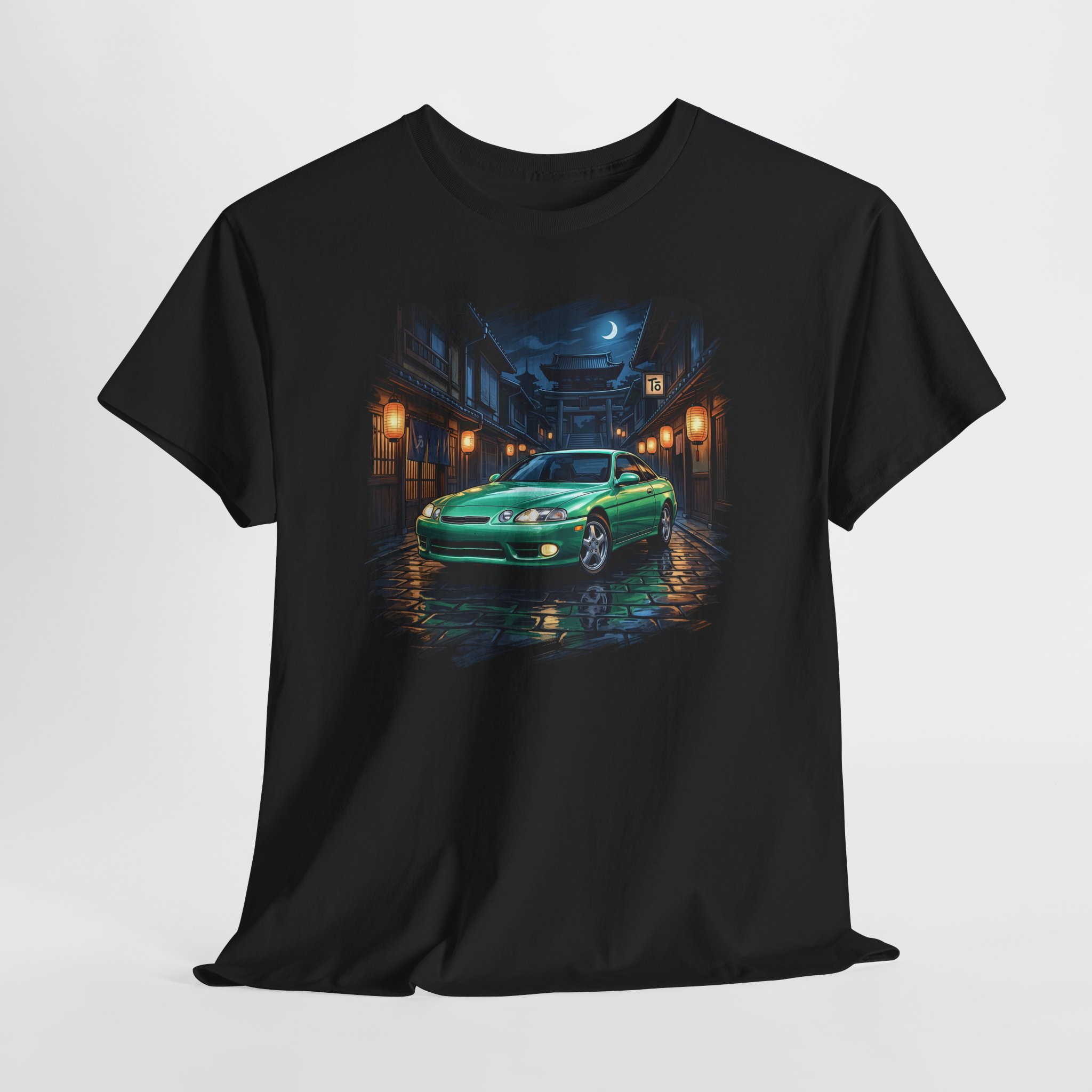 Toyota Soarer Z30 in Seafoam Green Pearl on a Kyoto night street with paper lanterns - Redline Gear Z30 JDM t-shirt design