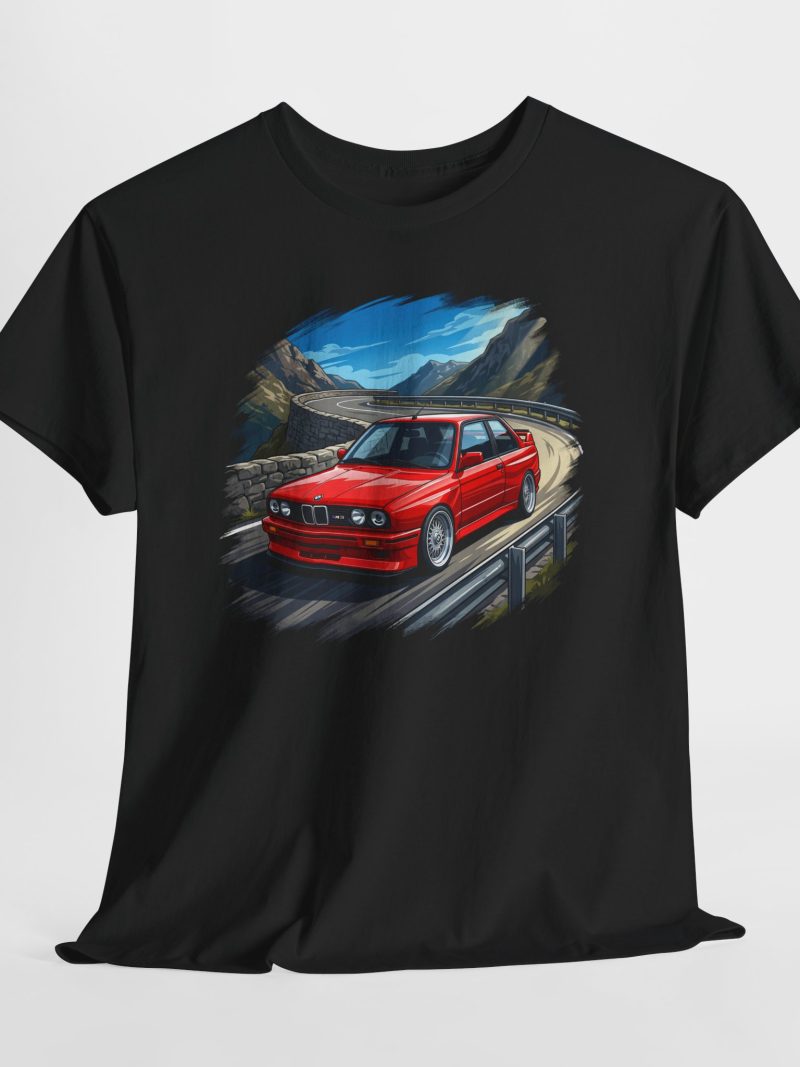 The Blueprint E30 M3 t-shirt - Brillantrot Red on alpine mountain pass