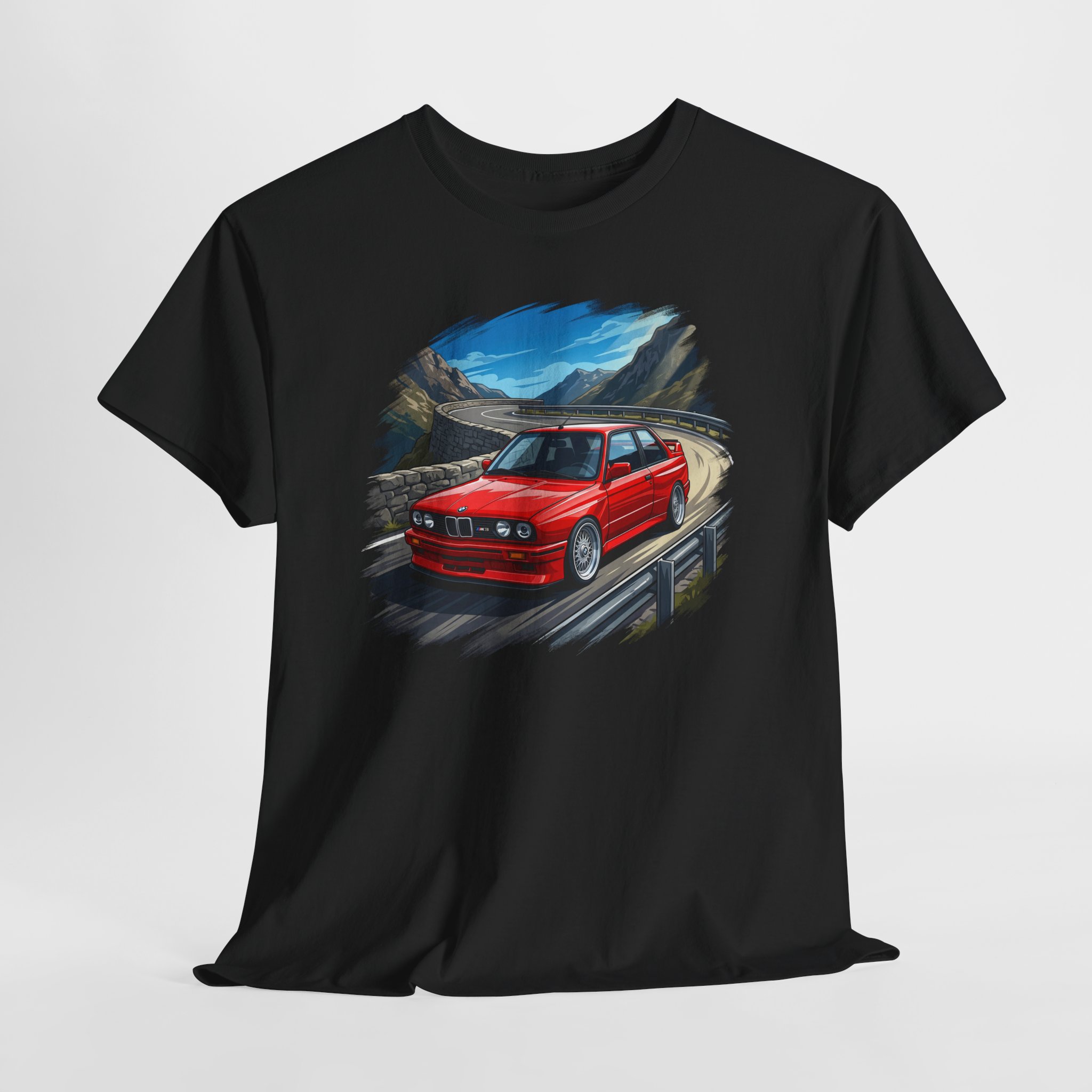 The Blueprint E30 M3 t-shirt - Brillantrot Red on alpine mountain pass