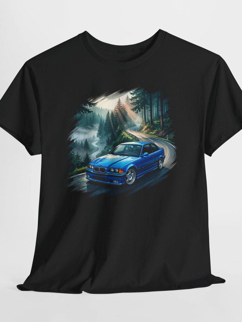 The Ghost E36 M3 t-shirt - Estoril Blue in the Black Forest at dawn