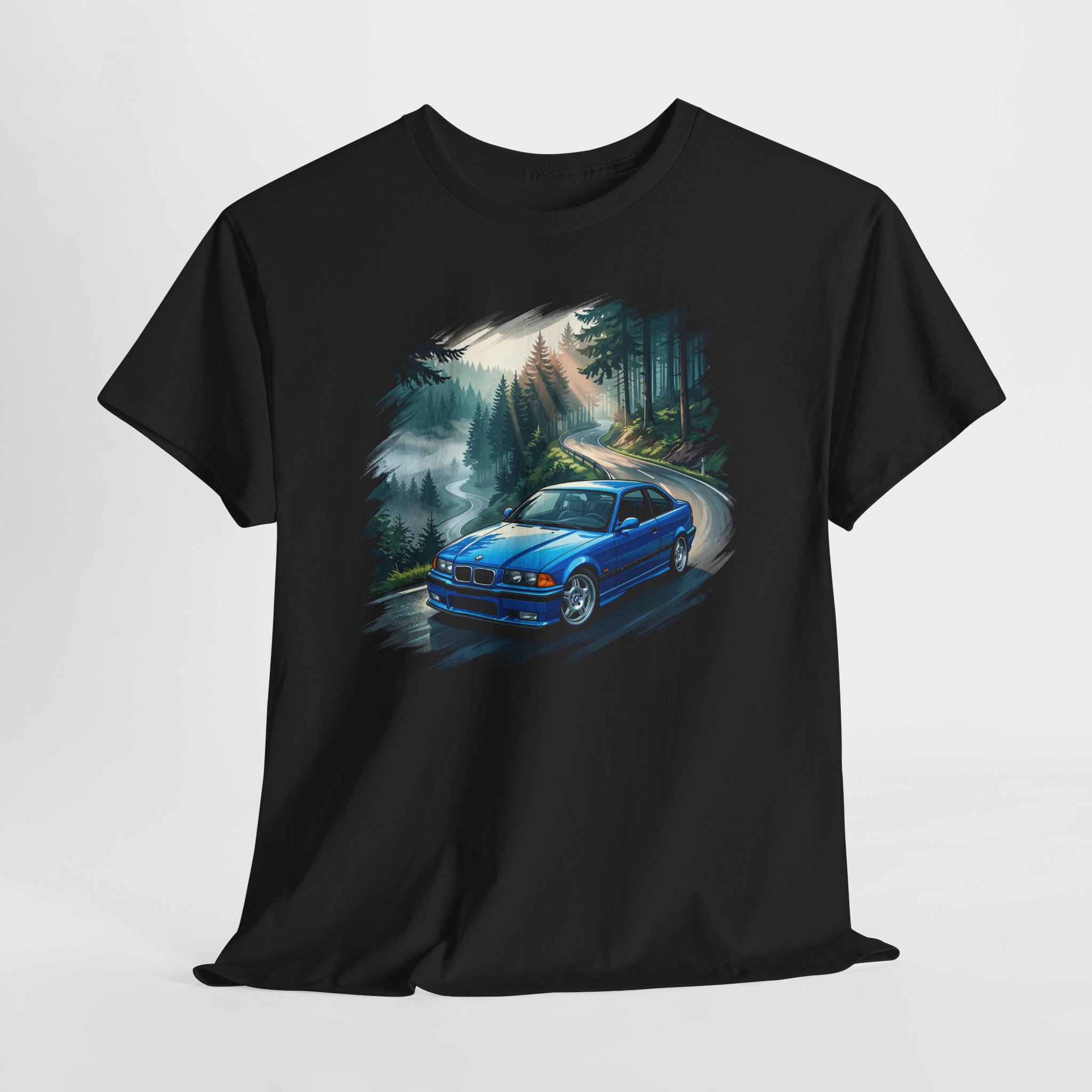The Ghost E36 M3 t-shirt - Estoril Blue in the Black Forest at dawn