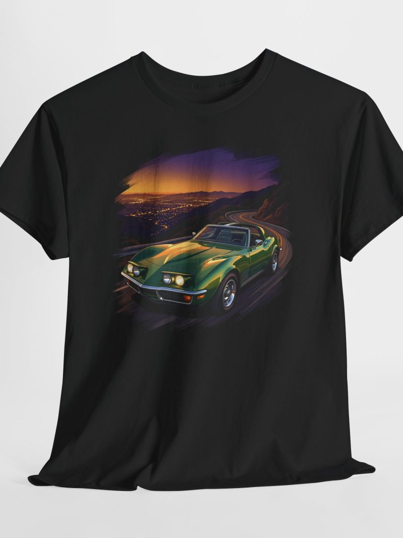 1971 Corvette C3 Stingray in Elkhart Green on Mulholland Drive at dusk with LA city lights below - Redline Gear C3 t-shirt design